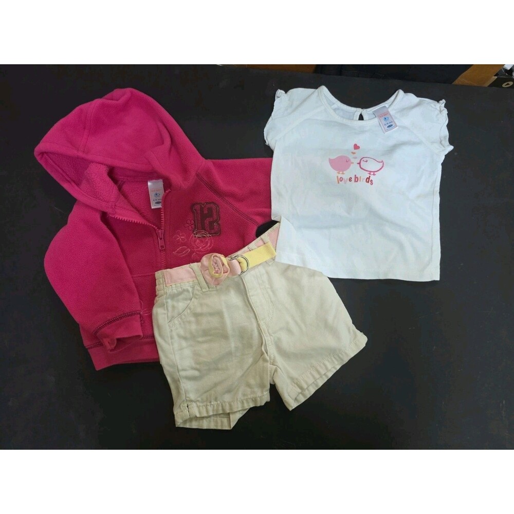 lot 3 Girl's 6-12-18 mo Old Navy pink fleece zip-up hoodie jacket shirt shorts